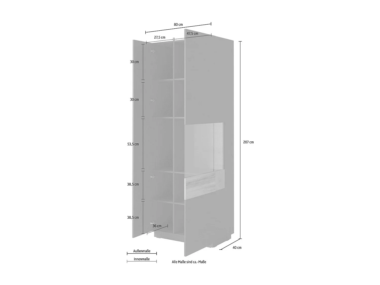 VITRINE Silke Weiß Hochglanz / Beton 80 / 40 / 207cm
