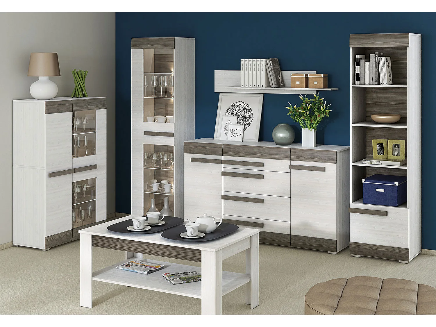 WOHNZIMMER-SET Blanco Pinie weiß / grau 6-teilig