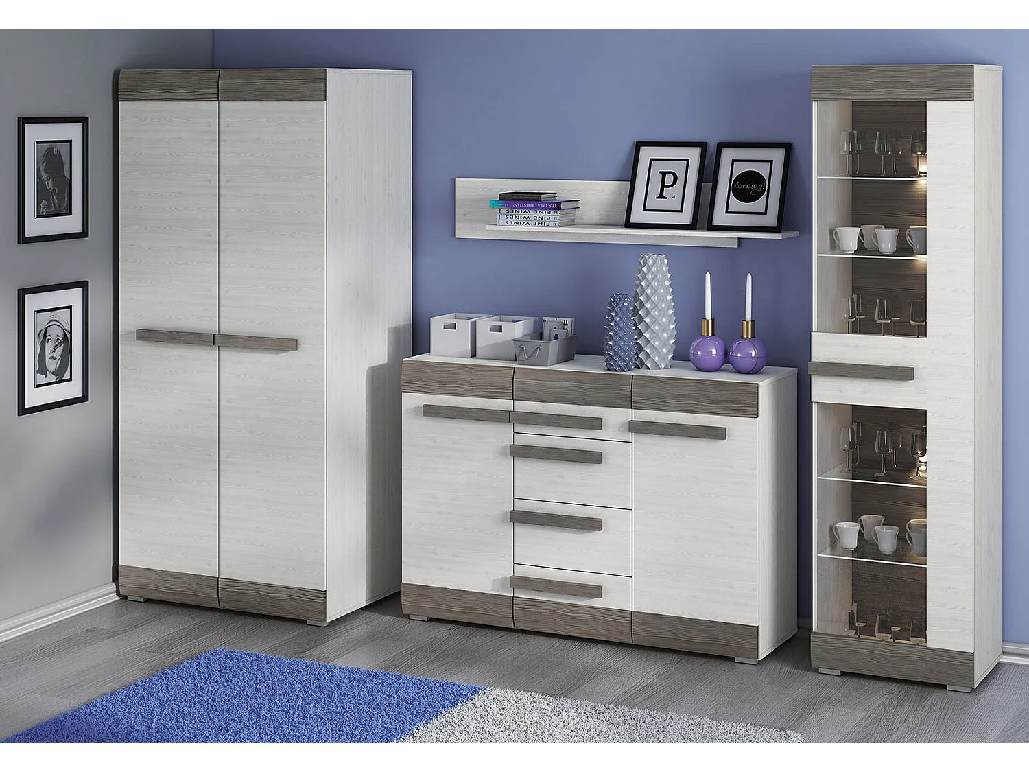 WOHNWAND Blanco Pinie weiß / grau 4-teilig