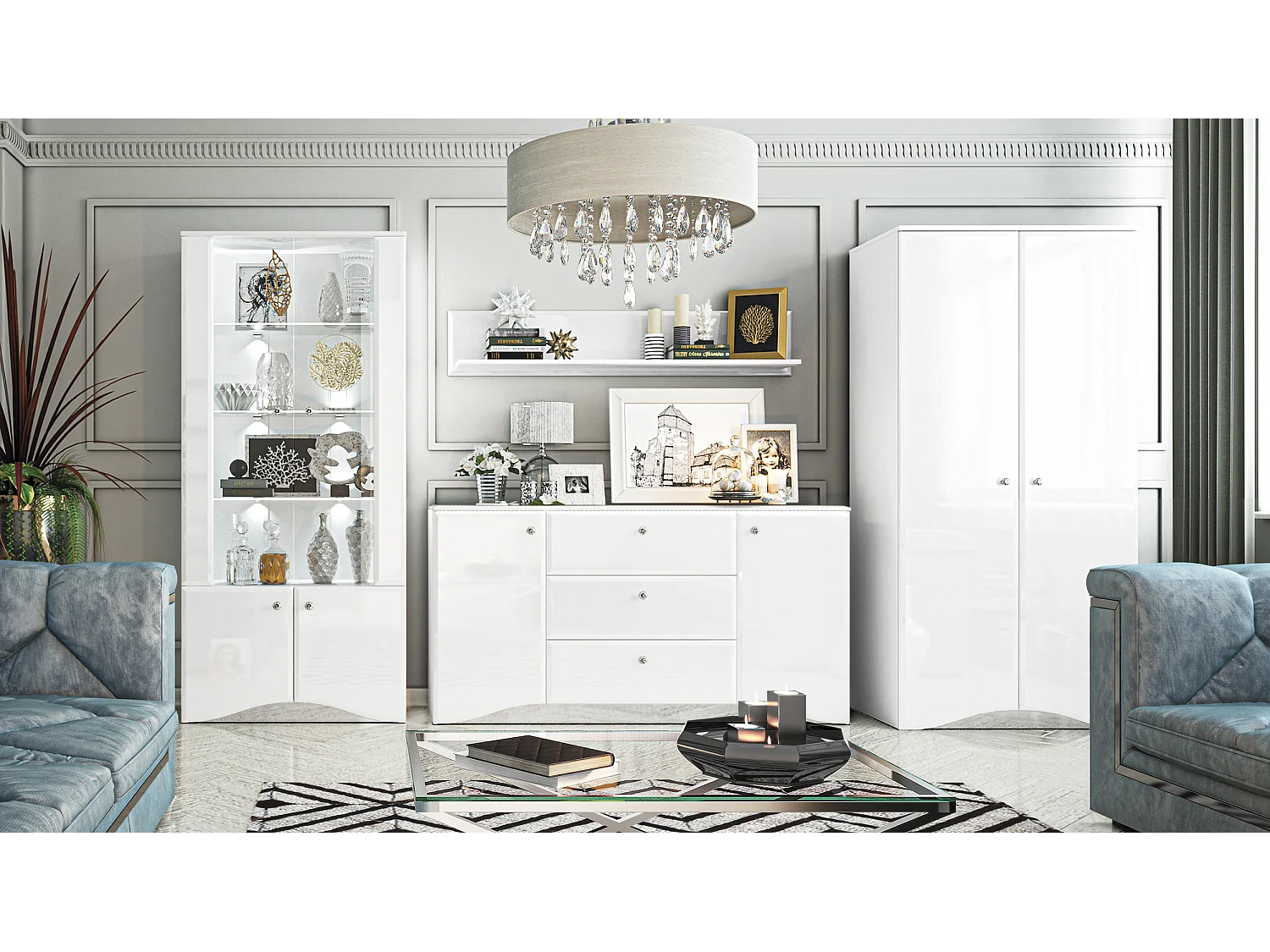 WOHNWAND Glamour weiß / weiß hochglanz 4-teilig