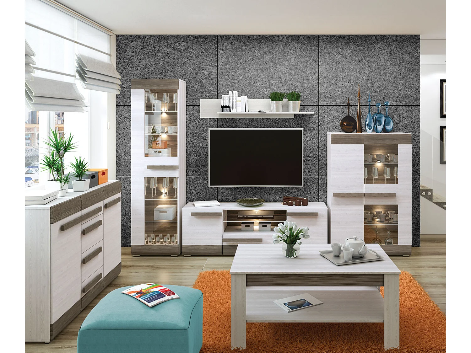 WOHNZIMMER-SET Blanco Pinie weiß / grau 6-teilig