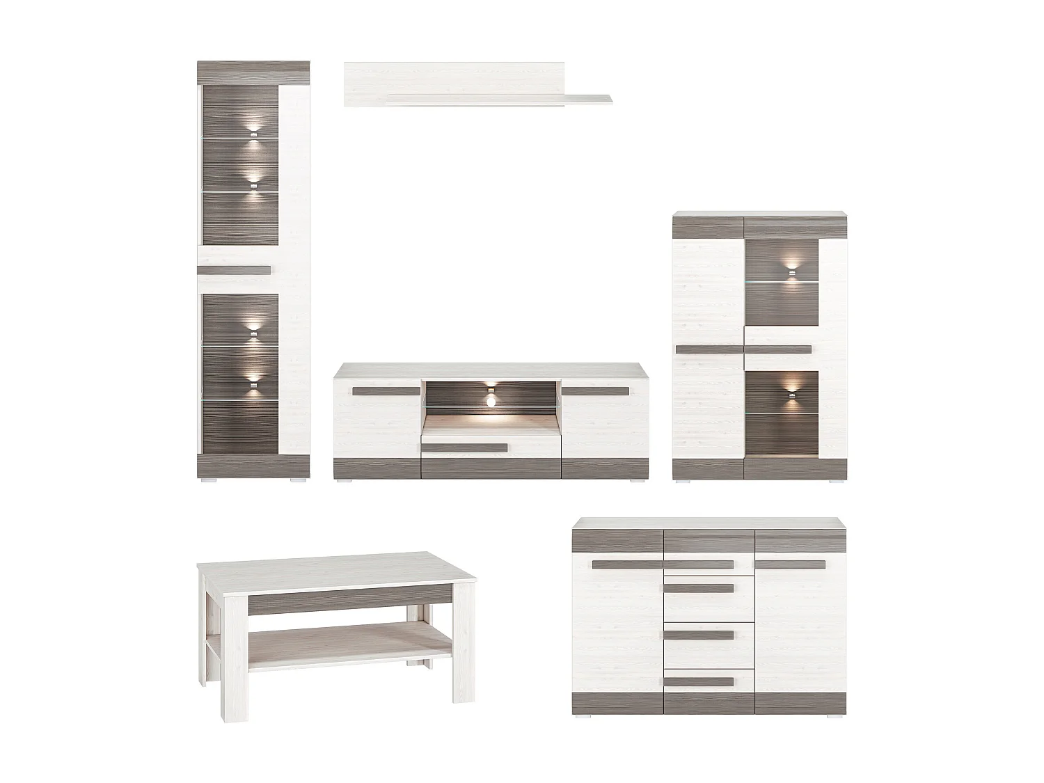 WOHNZIMMER-SET Blanco Pinie weiß / grau 6-teilig