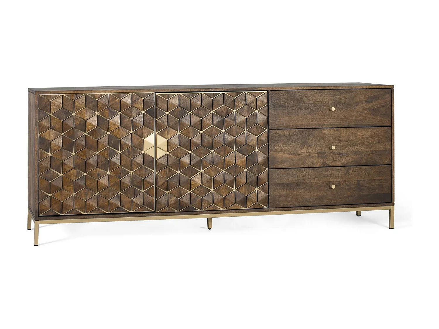 Buffet manguier et métal sophistiqué en noyer et doré