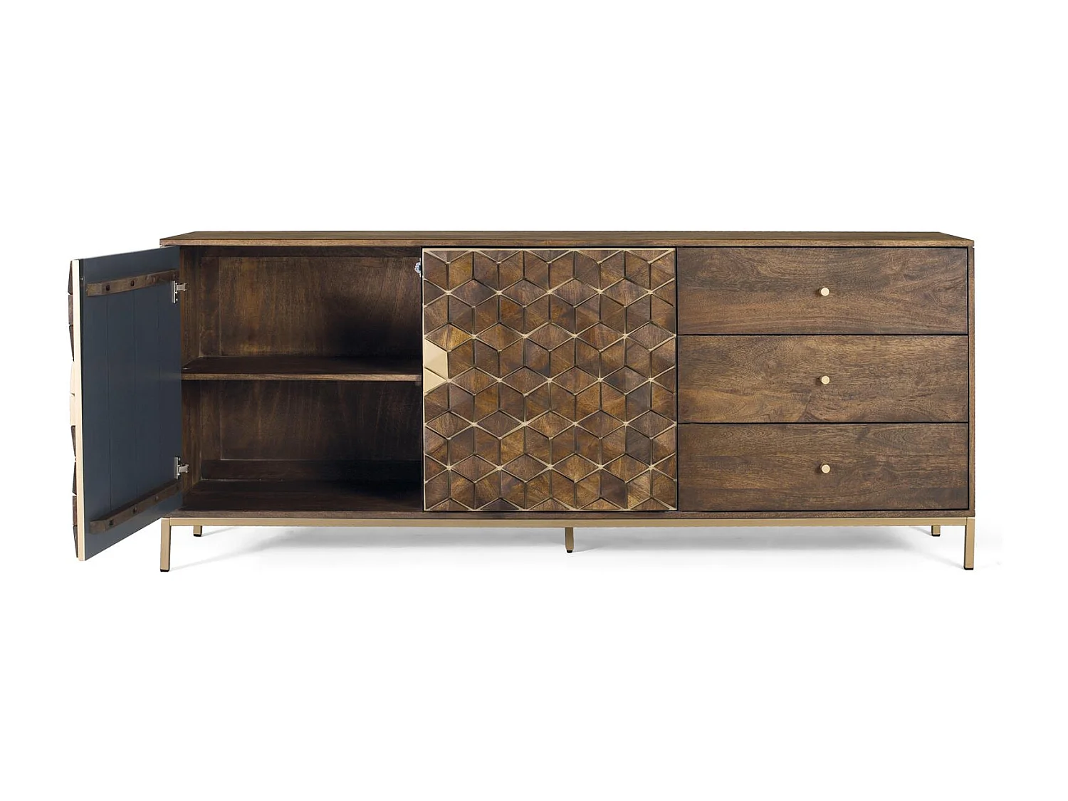 Buffet manguier et métal sophistiqué en noyer et doré