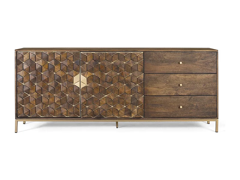 Anspruchsvolles Sideboard aus Mangoholz und Metall in Walnuss und Gold