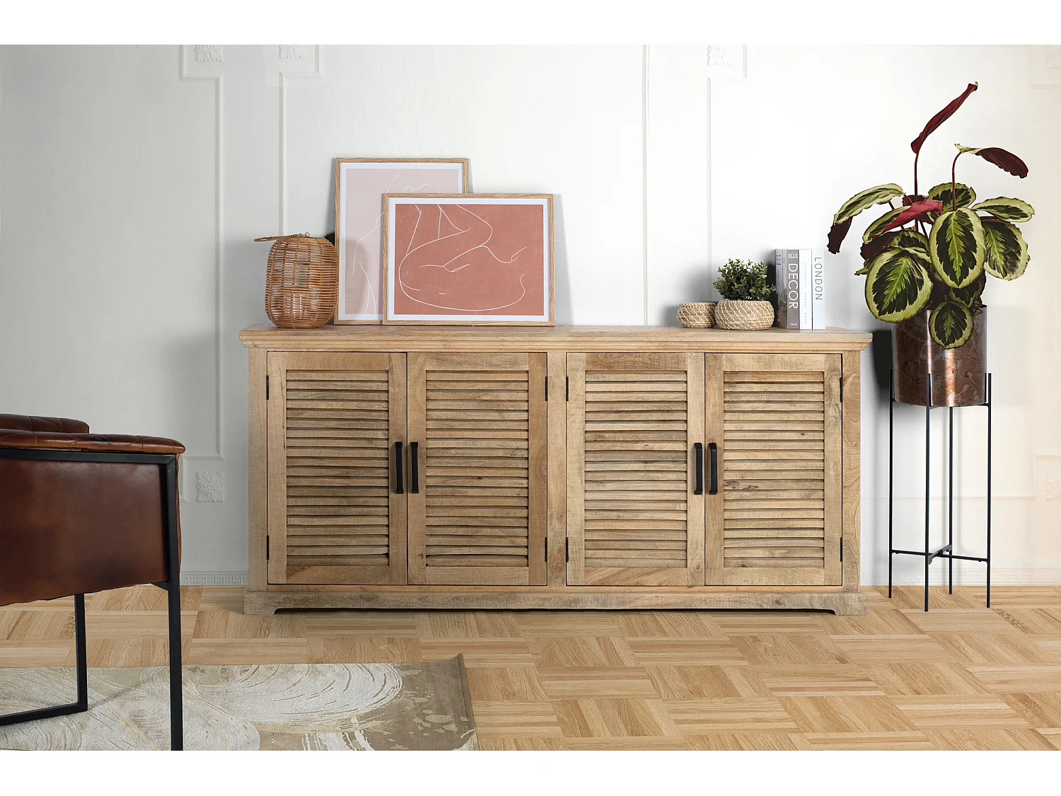 Buffet en bois de manguier, style rustique contemporain - 90 x 200 x 40