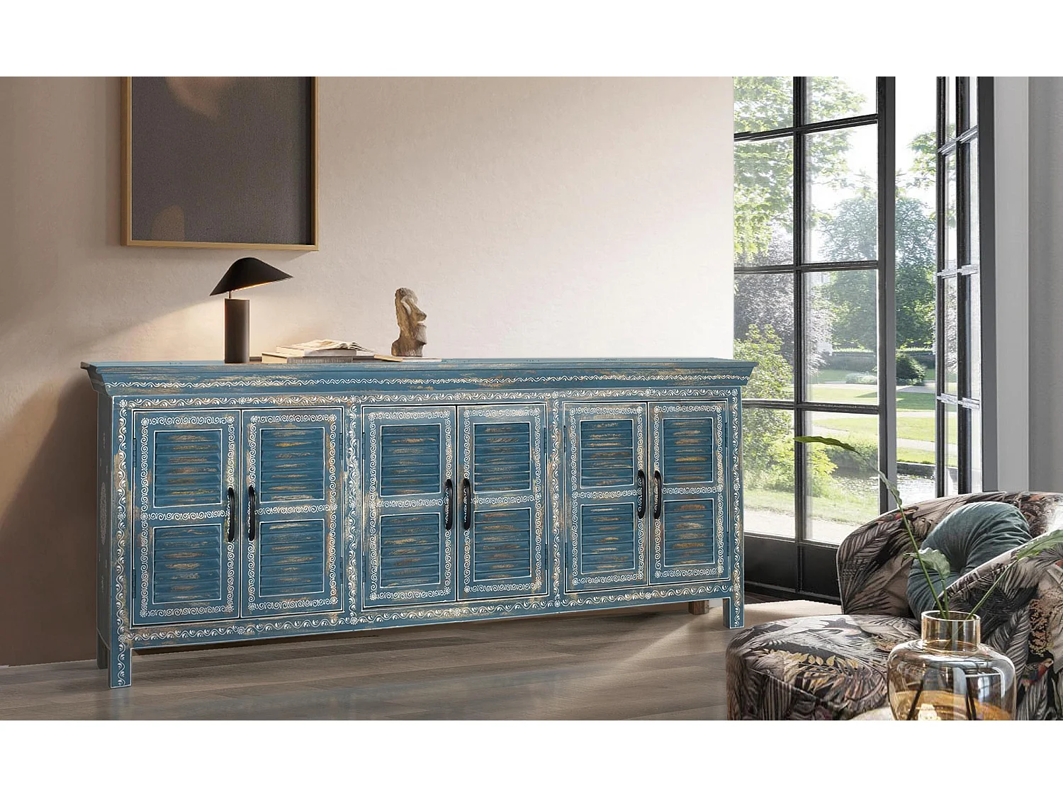 Buffet en bois de manguier, style ethnique artisanal - 76 x 184 x 36