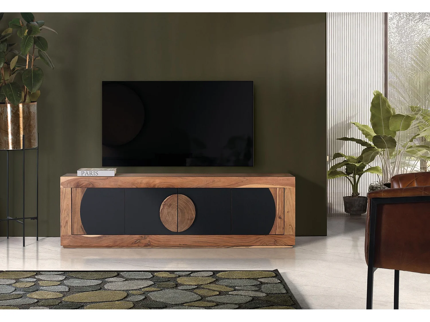 Meuble TV en bois d'acacia avec 4 portes