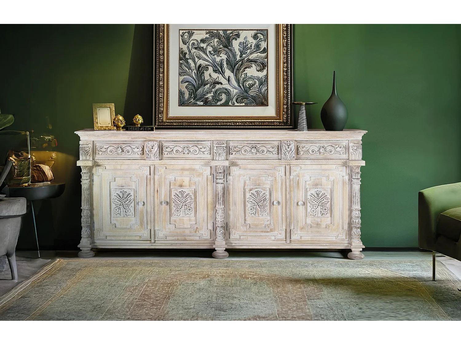 Buffet en bois de manguier, style colonial rustique - 100 x 225 x 45
