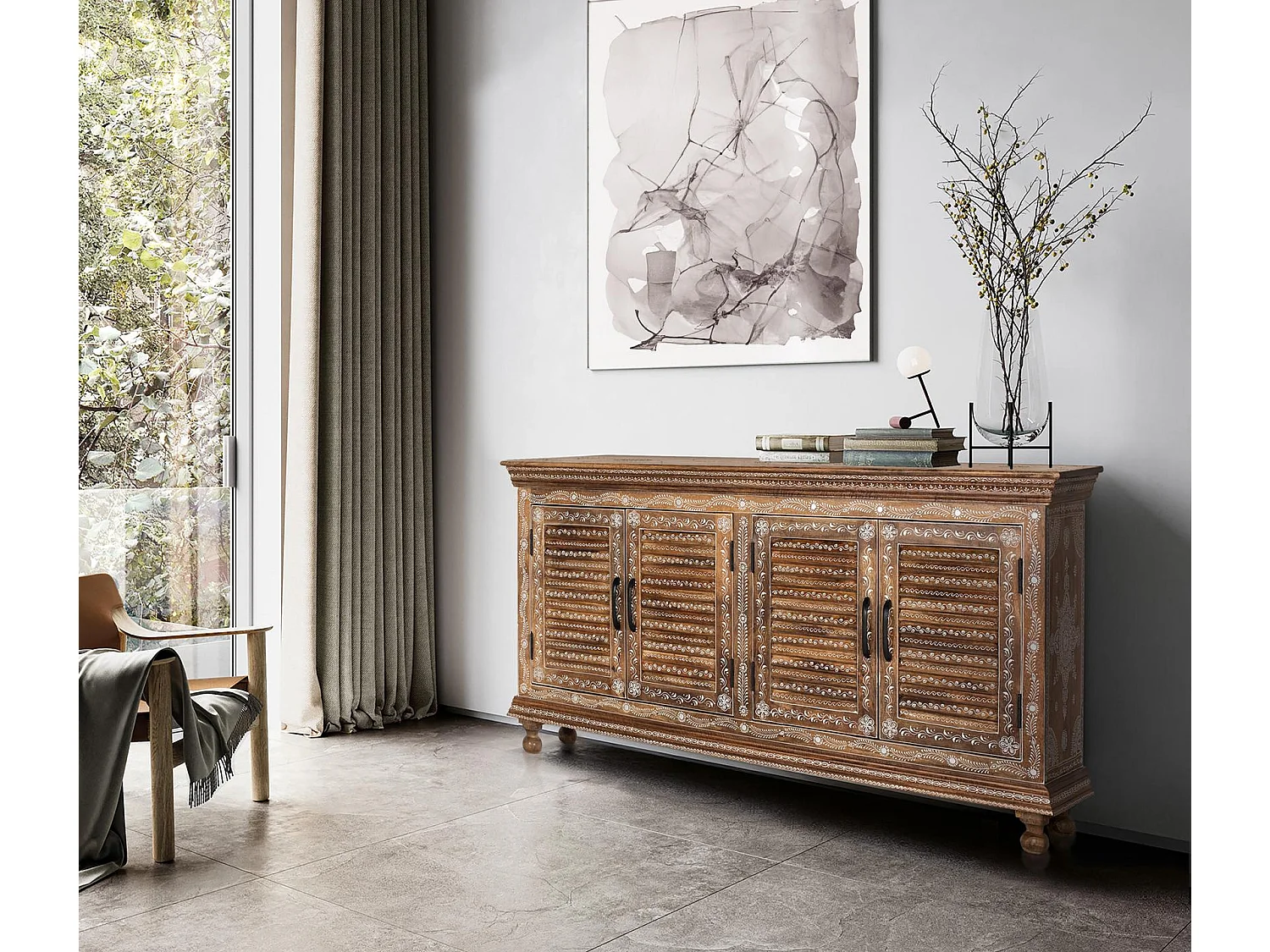 Buffet en bois de manguier, style rustique moderne - 78 x 152 x 36