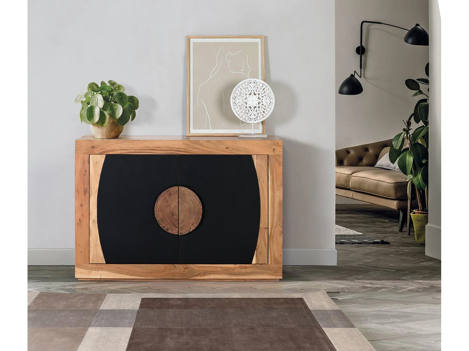 Buffet en bois d'acacia, style rustique contemporain - 75 x 110 x 40