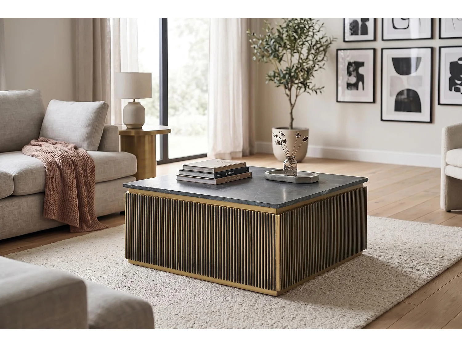 Tables basses en marbre 90 cm, style classique moderne - 41 x 90 x 90 cm