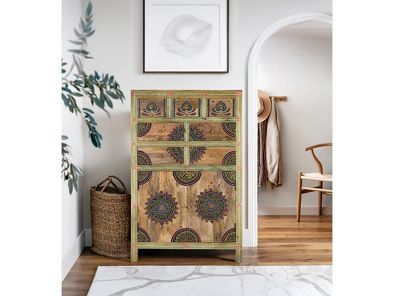 aparelho com 7 gavetas e duas portas em madeira de mangueira natural 122x80x41