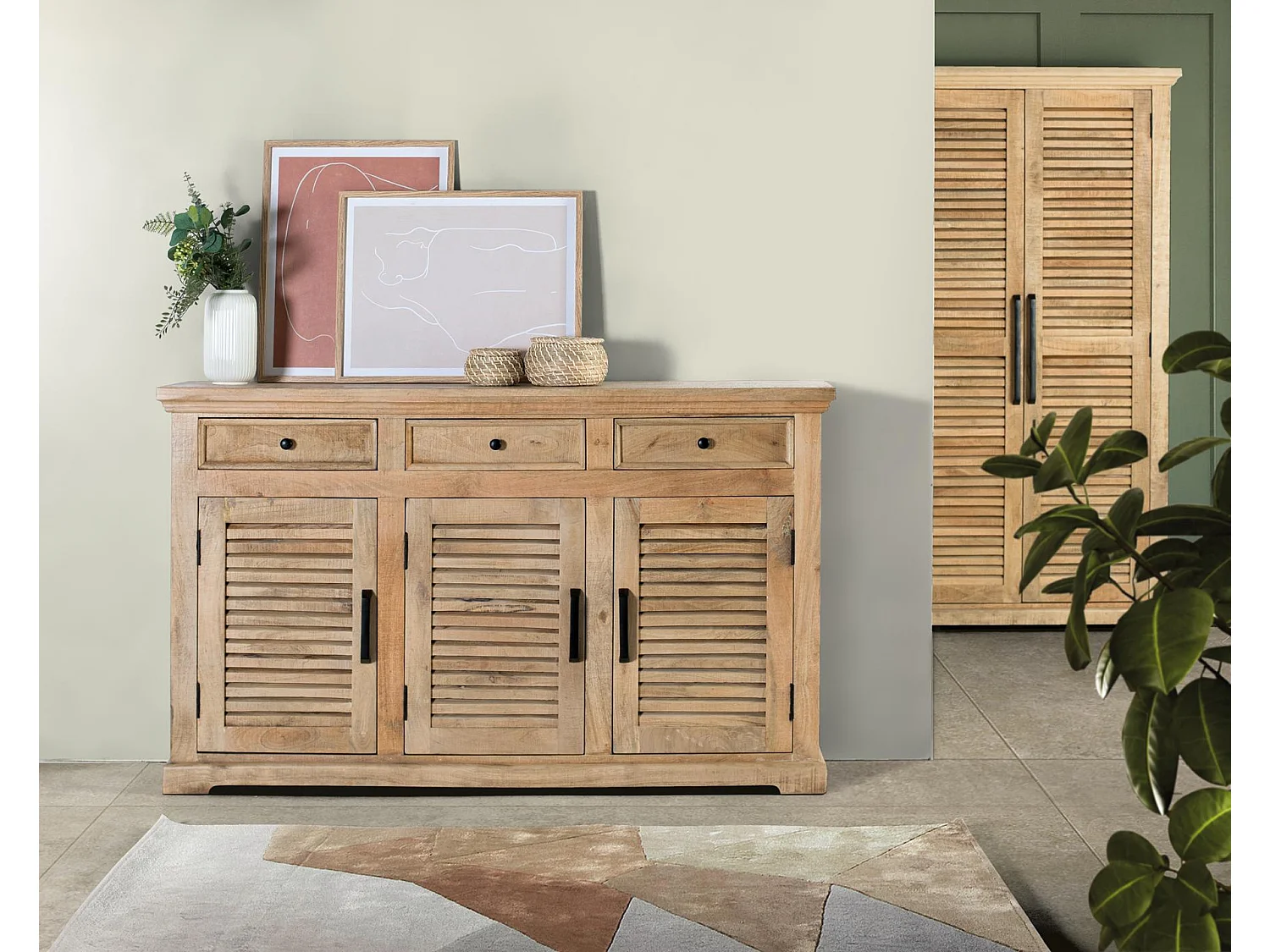 Buffet en bois de manguier, style rustique contemporain - 90 x 150 x 40