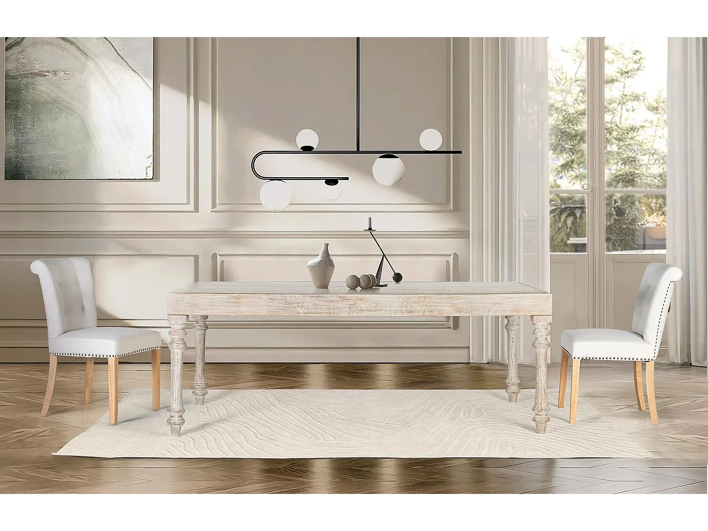 Table à manger rectangulaire sculptée à la main en bois massif 220 cm