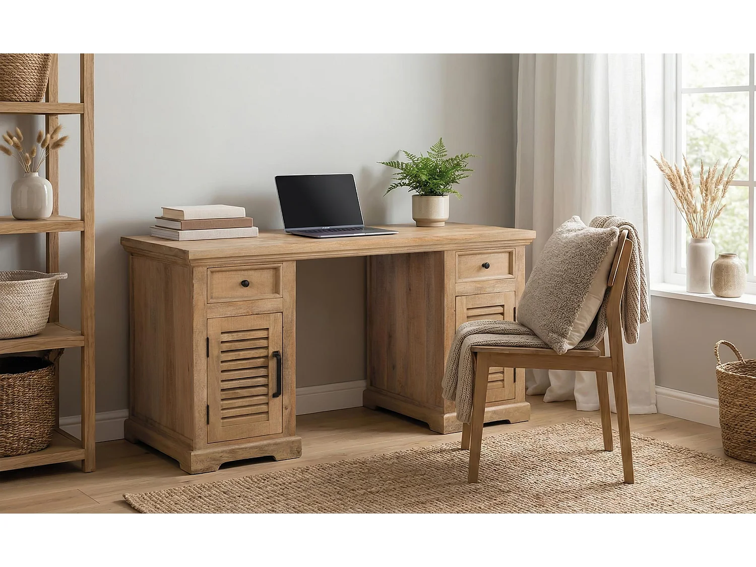 Bureau en bois de manguier 145 cm, style rustique contemporain - 76 x 145 x 70