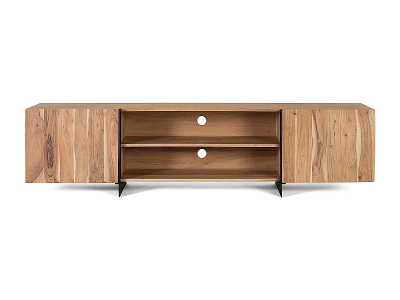 Stolik pod TV wykonany z akacji i metalu w naturalnym odcieniu