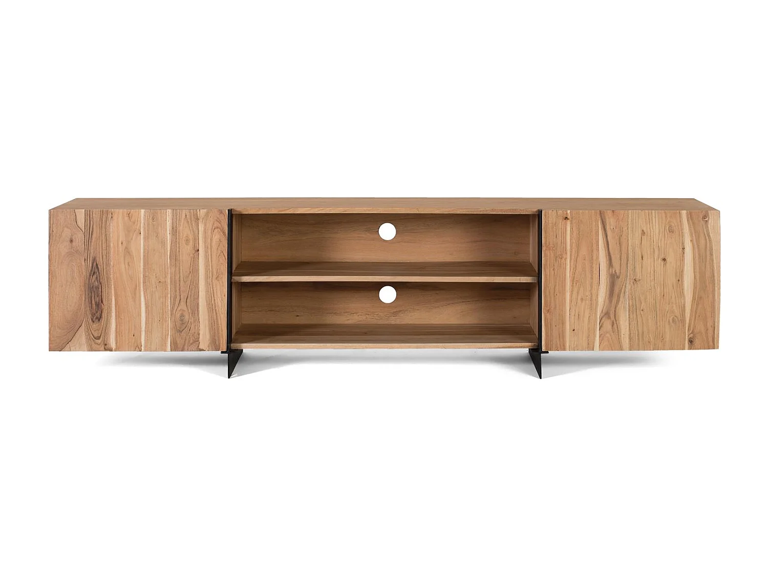 Stolik pod TV wykonany z akacji i metalu w naturalnym odcieniu