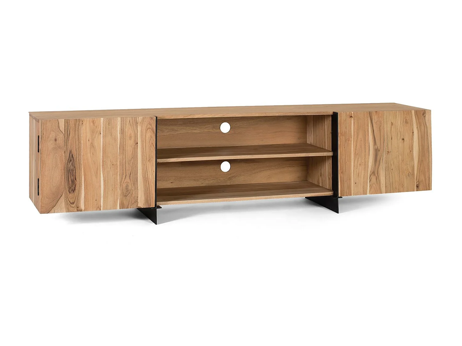 Stolik pod TV wykonany z akacji i metalu w naturalnym odcieniu