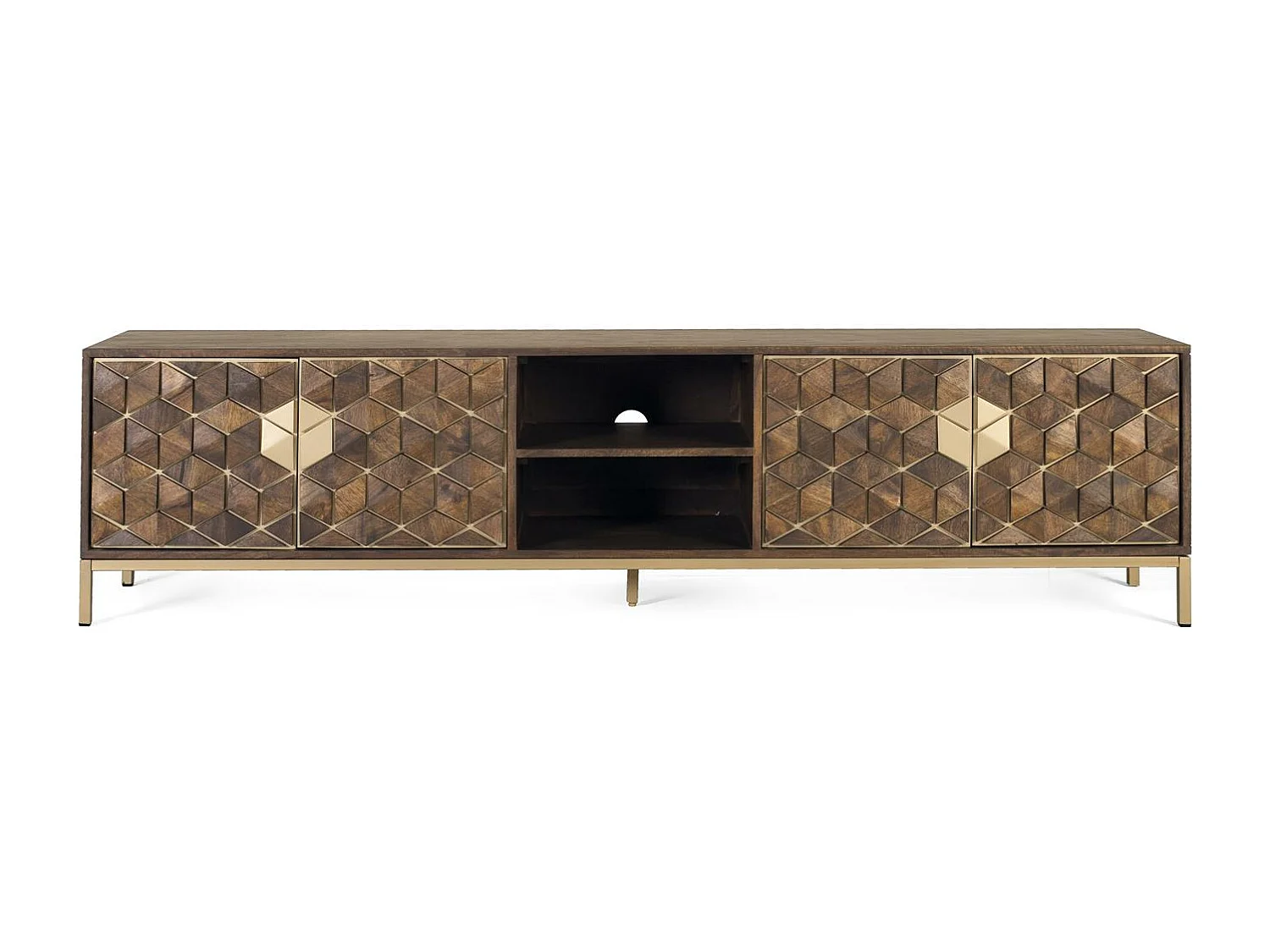 Meuble tv 4 portes bois de manguier et socle métal