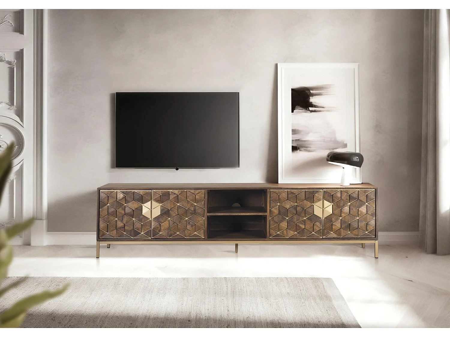 Tv-meubel van mangohout, 190 cm, rustieke moderne stijl - 50x190x40