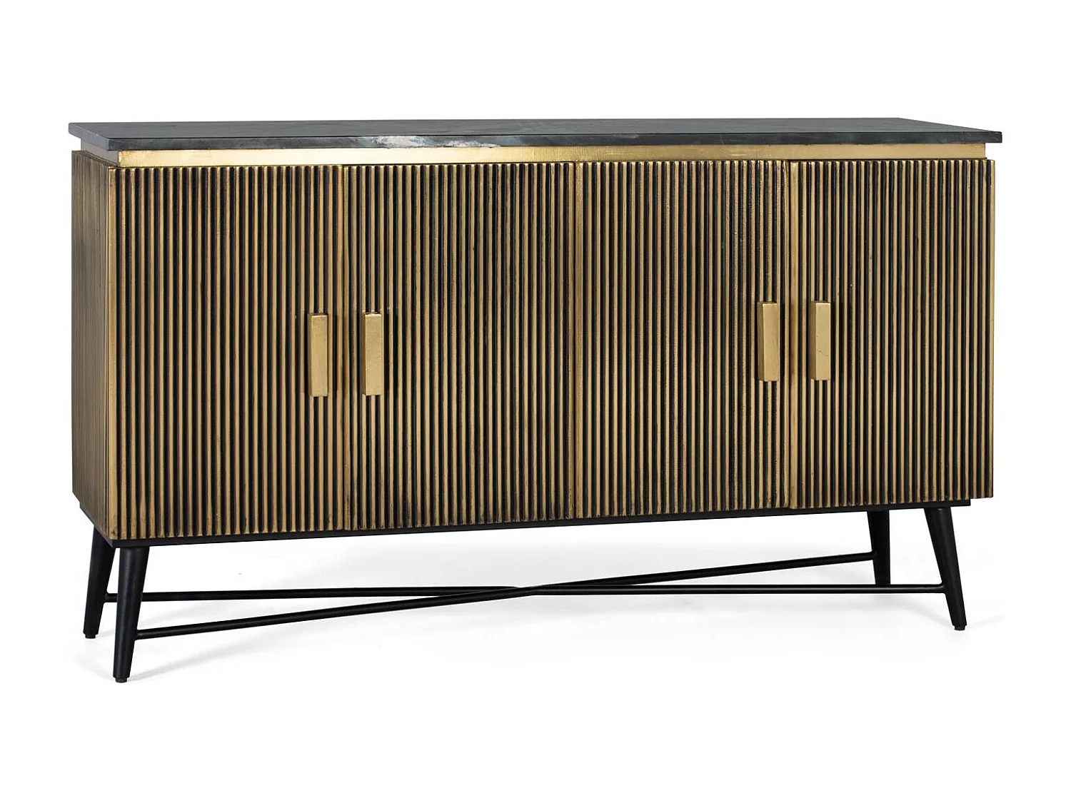 Sideboard mit 4 mit Bronze verkleideten Holztüren und Marmorplatte