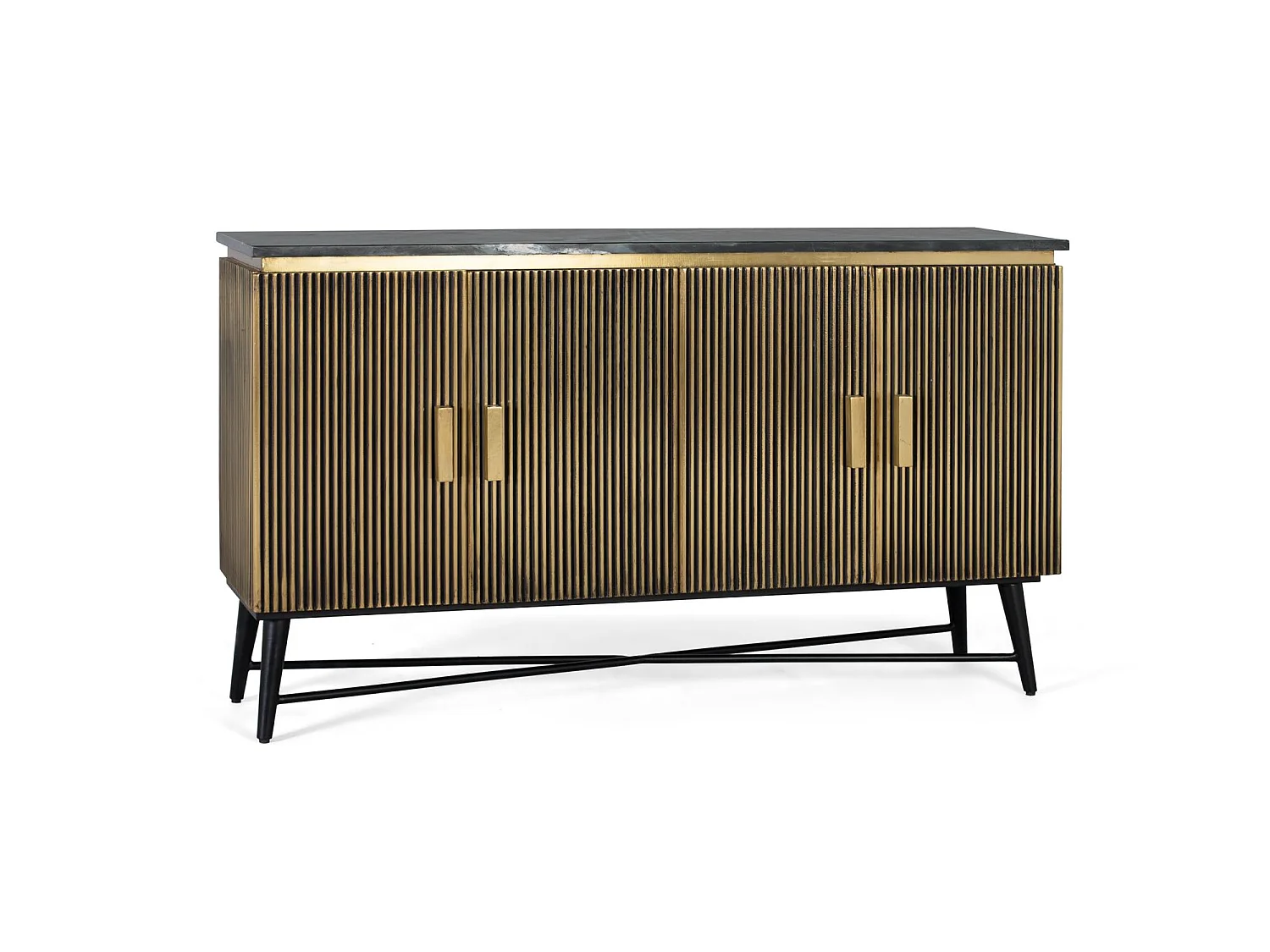 Buffet avec 4 portes en bois recouvert de bronze et plateau en marbre
