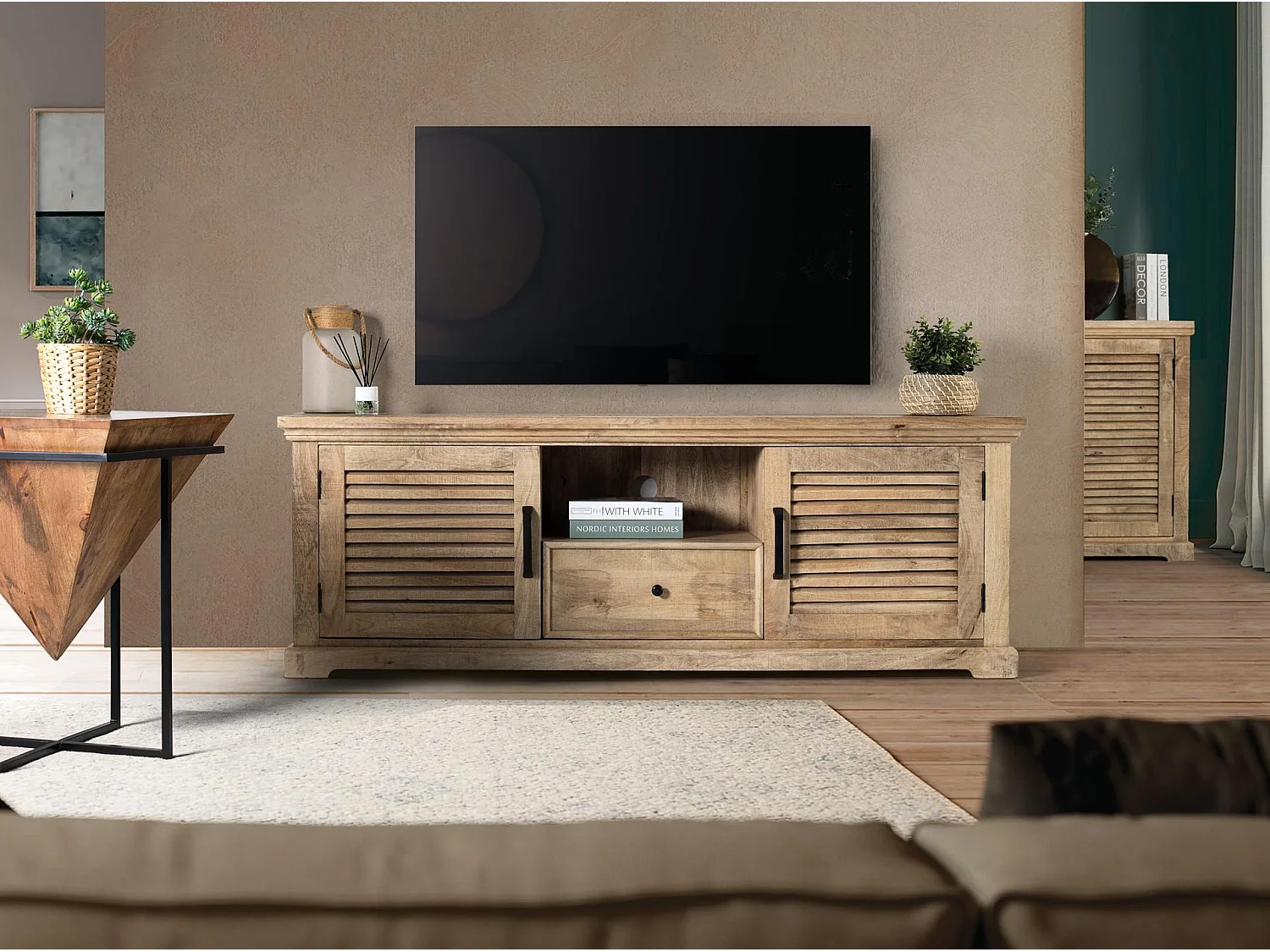 Mueble TV de Madera de Mango 170 Cm Estilo Rústico Contemporáneo-60x170x40