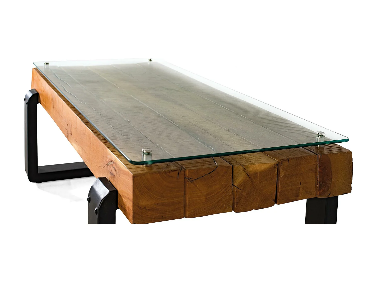 Mesa de centro de madeira reciclada com tampo de vidro 50x120x65