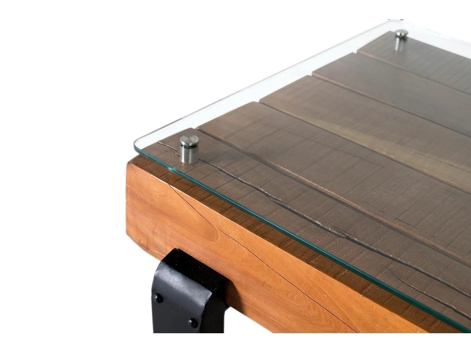 Mesa de centro de madeira reciclada com tampo de vidro 50x120x65