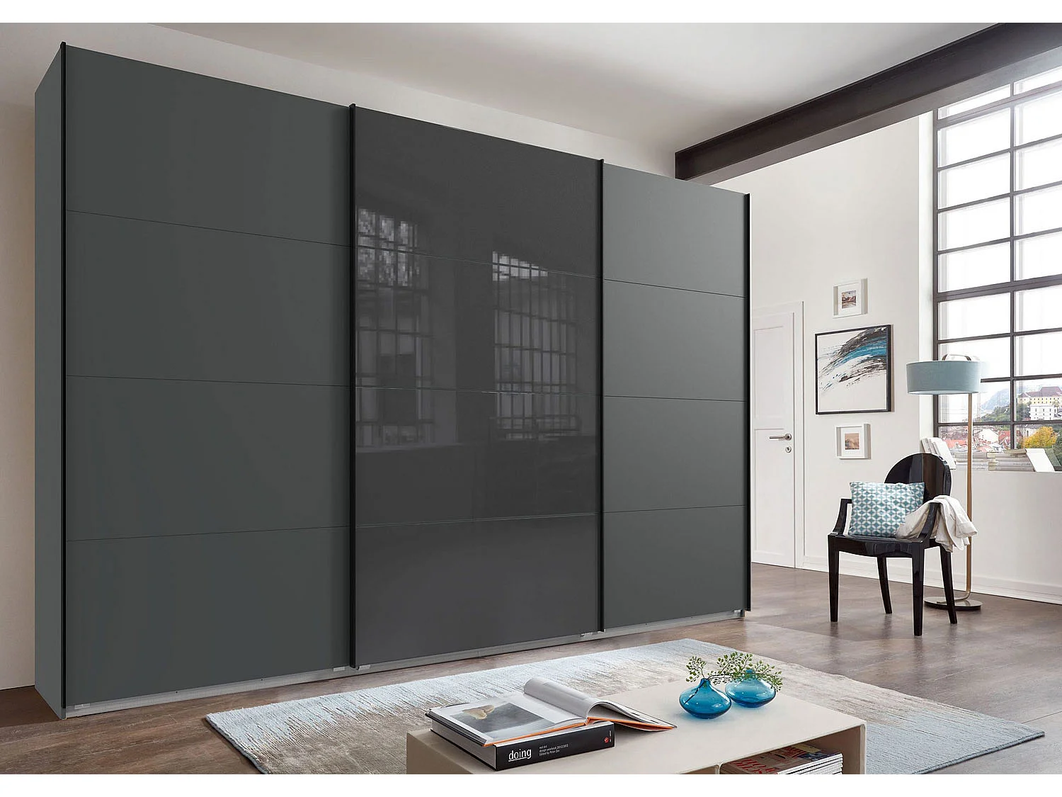 SCHWEBETÜRENSCHRANK Norderstedt Graphit / Glasgrau 360 / 64 / 236cm