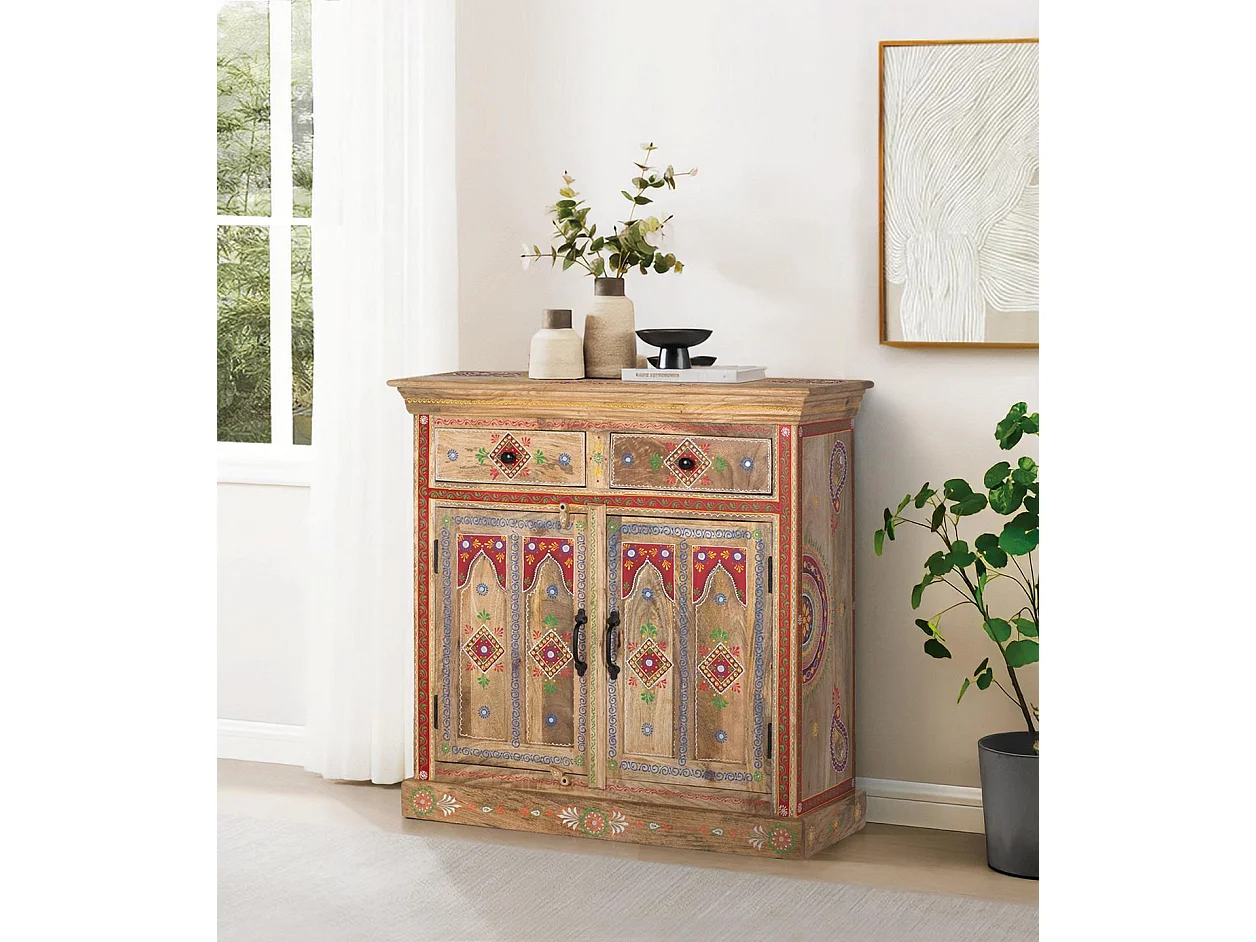 Buffet en bois de manguier, style ethnique artisanal - 90 x 90 x 38