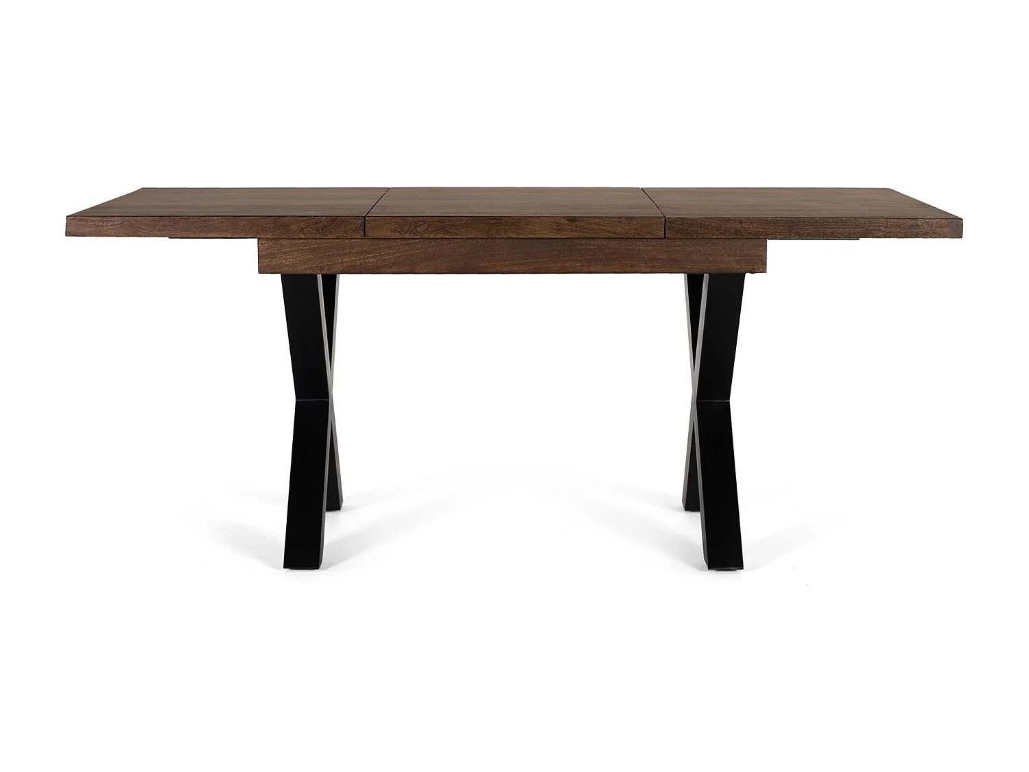 Mesa extensível com estrutura em madeira maciça e pés de metal.