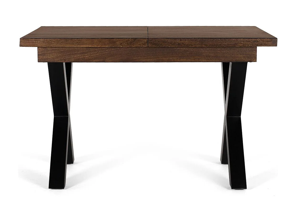 Mesa extensível com estrutura em madeira maciça e pés de metal.