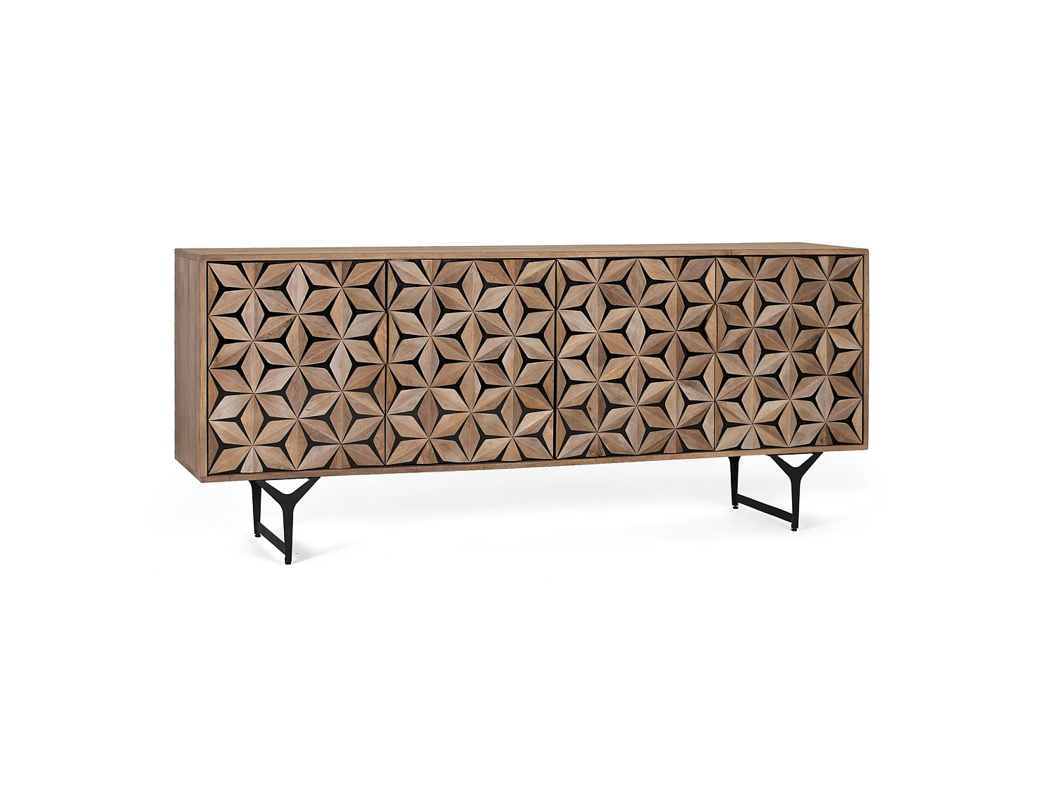 Buffet en bois de manguier, style géométrique contemporain - 74 x 177 x 40