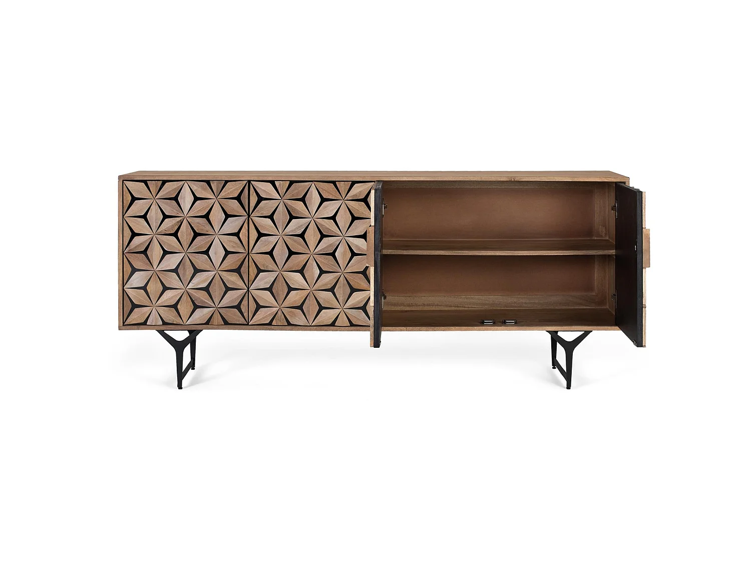 Buffet en bois de manguier, style géométrique contemporain - 74 x 177 x 40