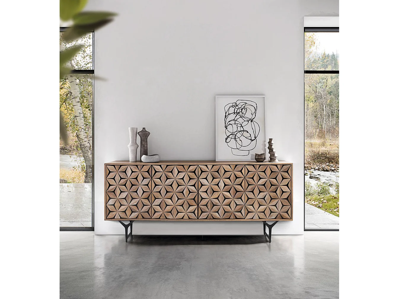 Buffet en bois de manguier, style géométrique contemporain - 74 x 177 x 40