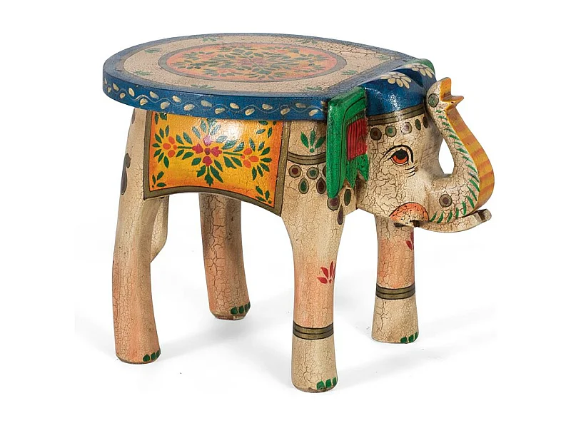 Tabouret en bois de manguier peint à la main avec détails multicolores