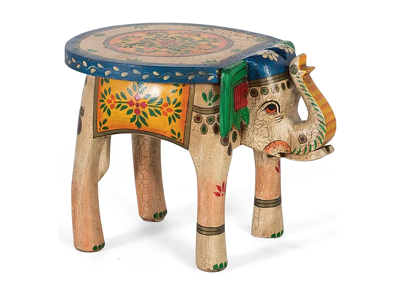 Handbemalter Hocker aus Mangoholz mit mehrfarbigen Details