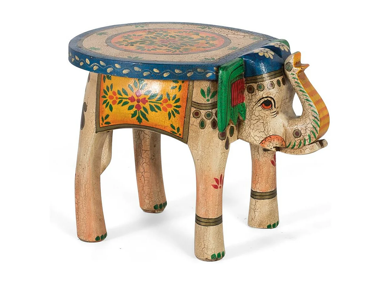 Tabouret en bois de manguier peint à la main avec détails multicolores