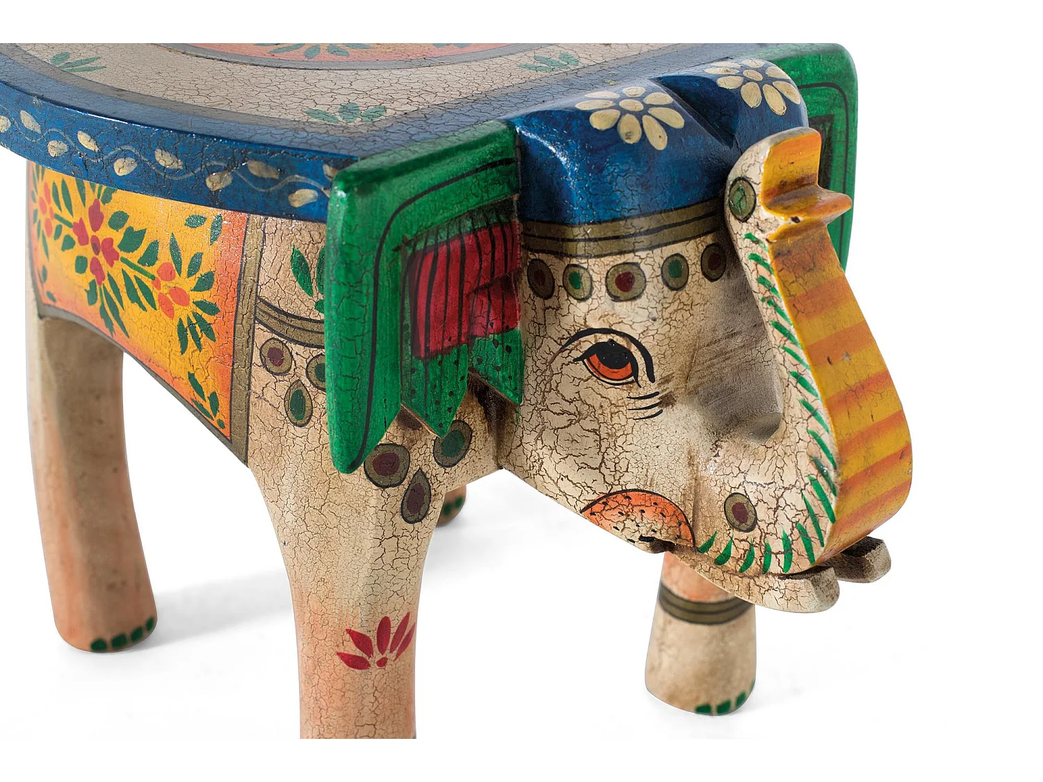 Tabouret en bois de manguier peint à la main avec détails multicolores