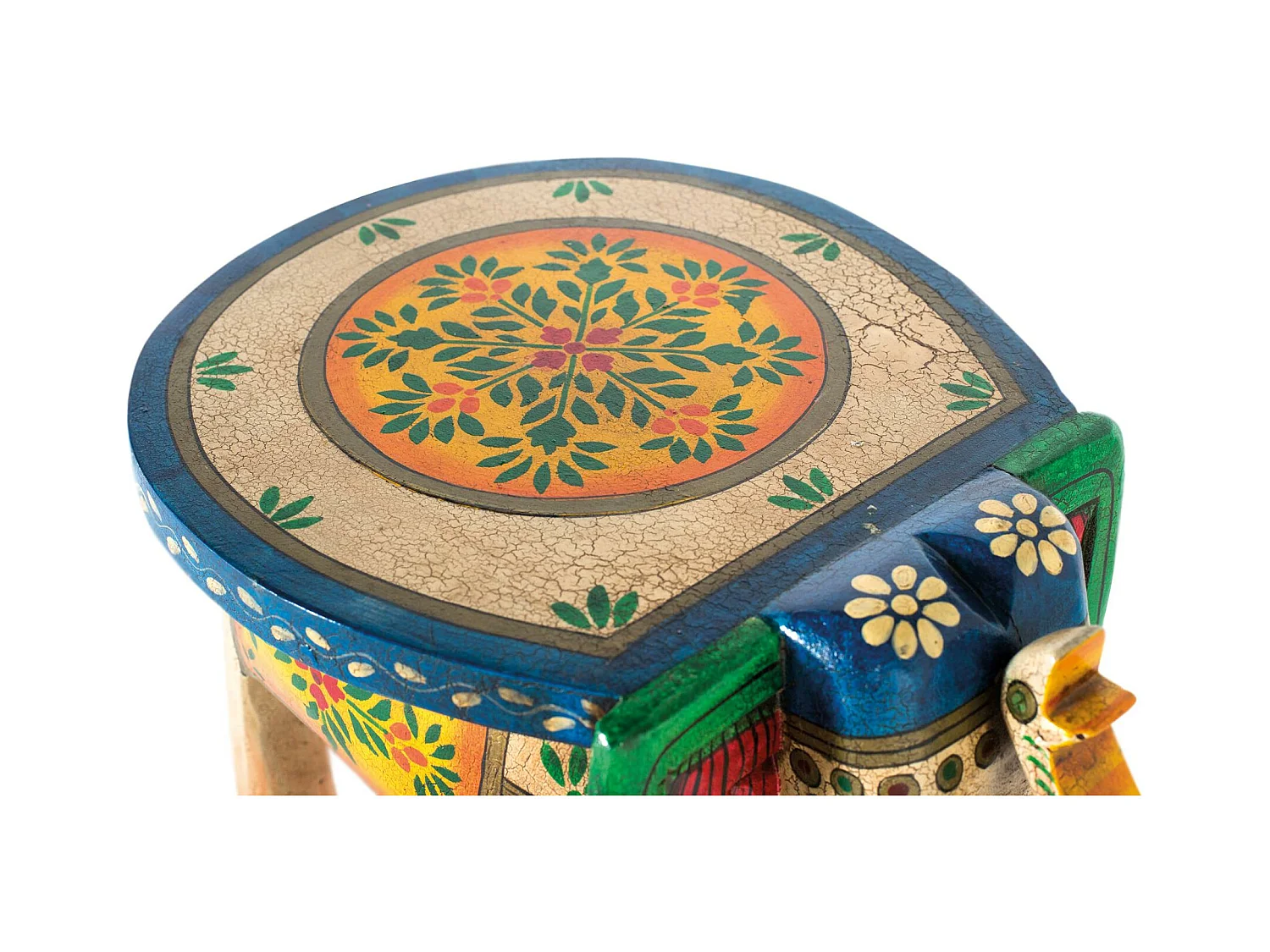 Tabouret en bois de manguier peint à la main avec détails multicolores