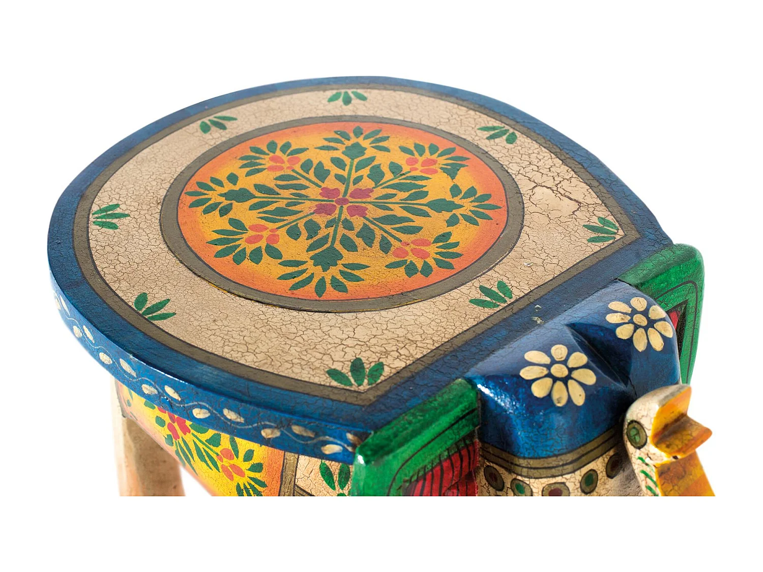 Tabouret en bois de manguier peint à la main avec détails multicolores