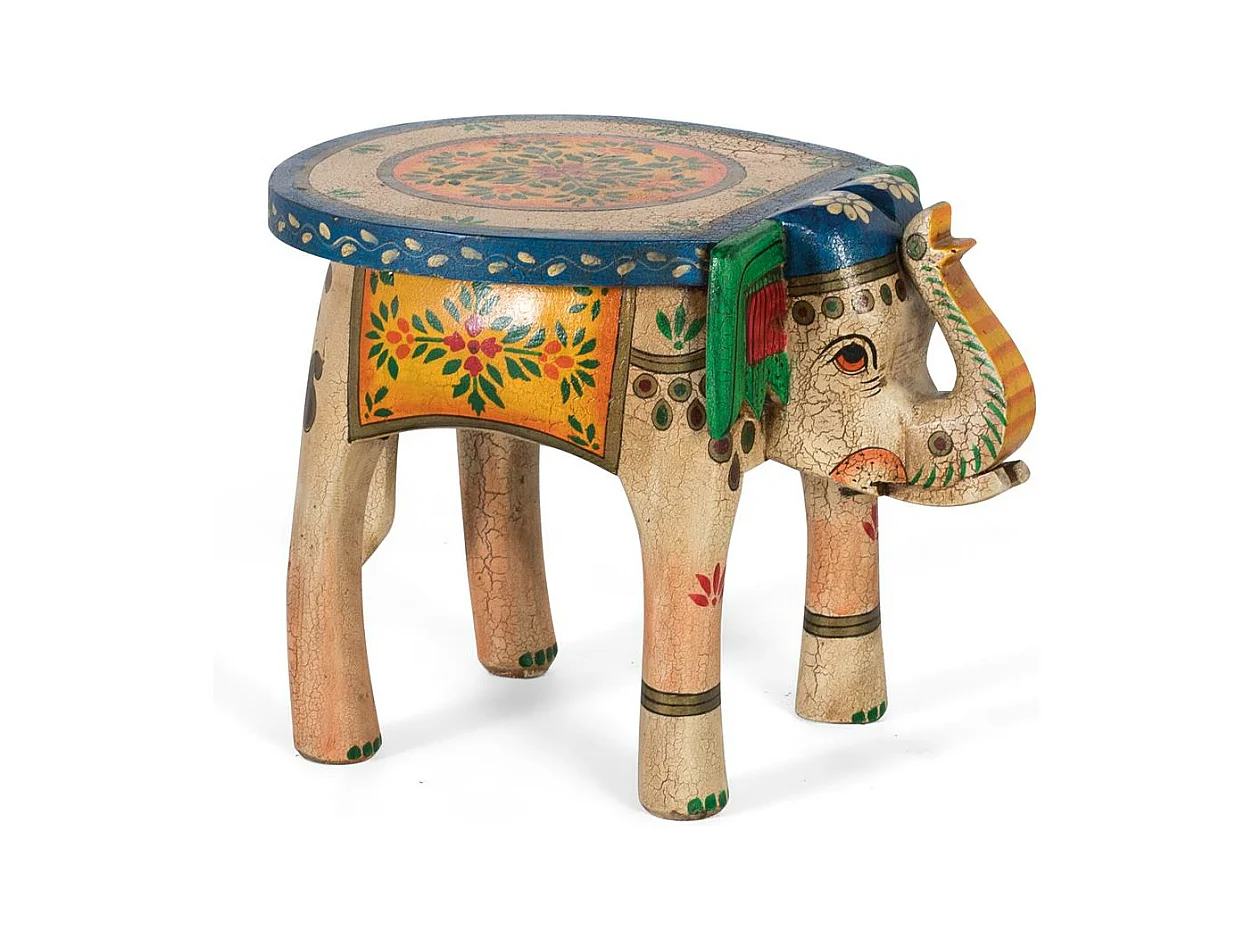 Tabouret en bois de manguier peint à la main avec détails multicolores