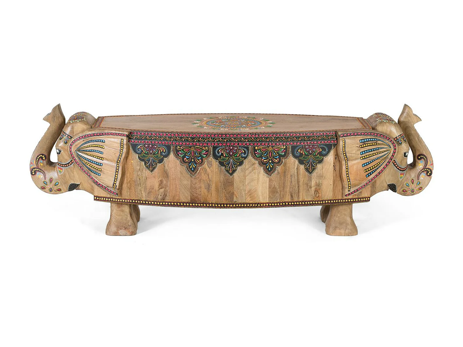 Mehrfarbige, handbemalte Bank aus Mangoholz