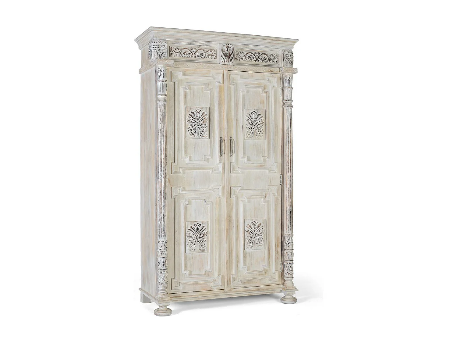 Stara, biała szafka z drewna mango z wyrafinowanym akcentem