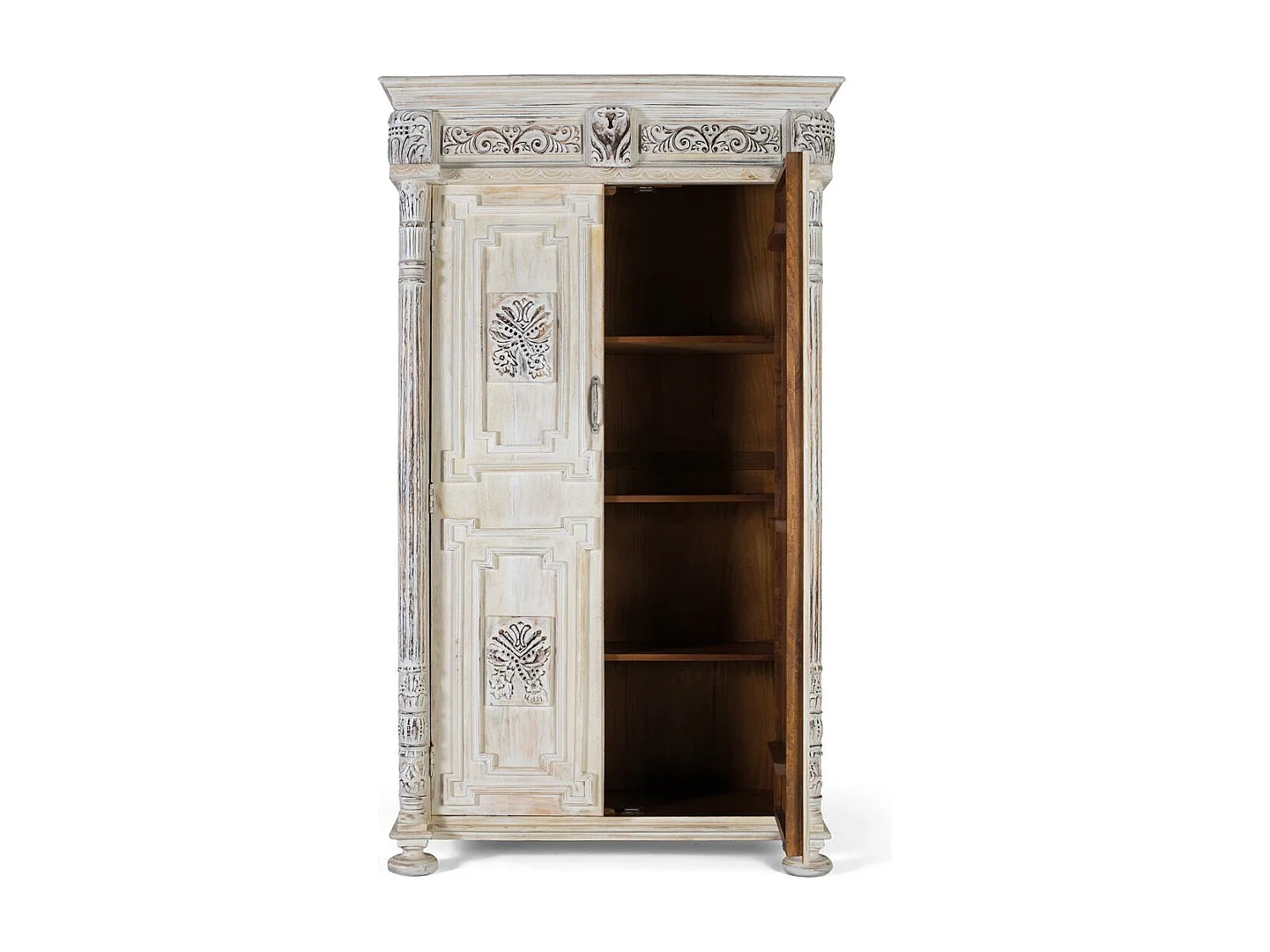 Stara, biała szafka z drewna mango z wyrafinowanym akcentem