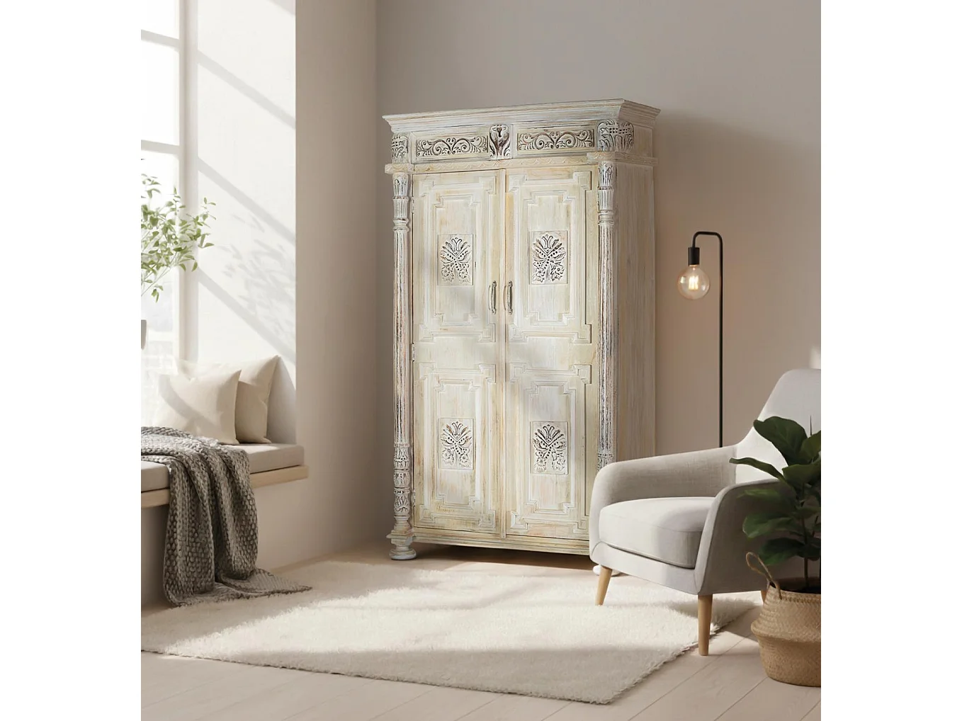 Armoire en bois de manguier 120 cm, style ethnique vintage - 203 x 120 x 50 cm