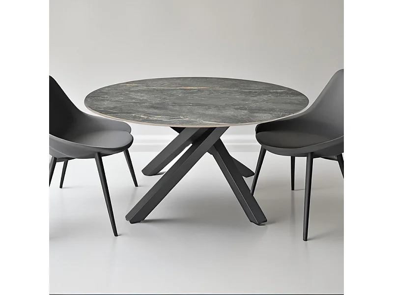 Table ronde D.150 cm céramique gris marbré et pieds métal noir – RUBY