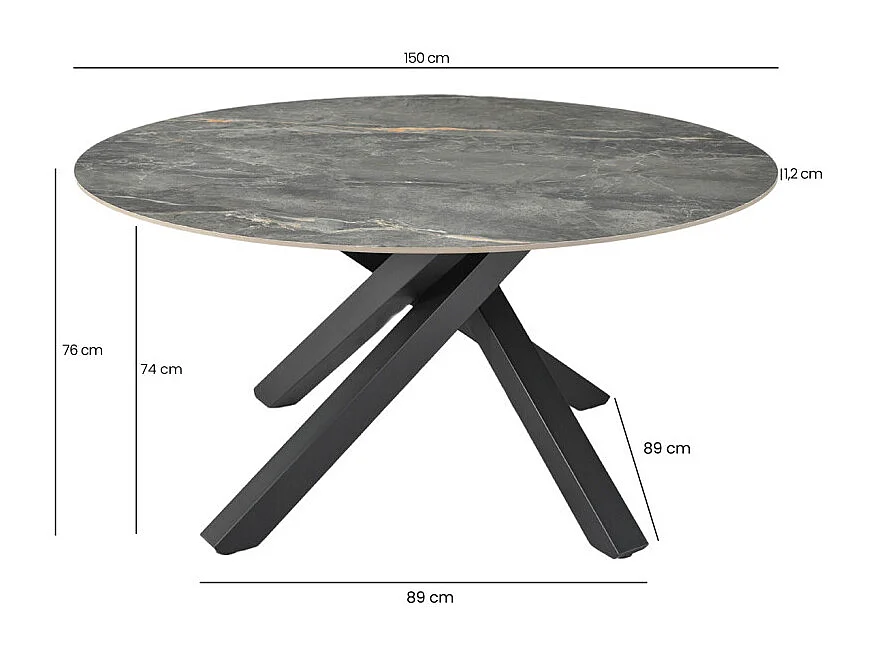 Table ronde D.150 cm céramique gris marbré et pieds métal noir – RUBY